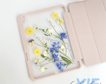 Blooming blue yellow pressed flowers iPad Case with pen slot, iPad Air Pro 11'' 13'' 2024, iPad 10th gen 2022, iPad Pro Air mini 6 2022 case