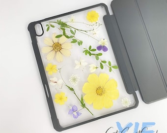 Real pressed yellow cosmos flowers iPad Case with pen slot,iPad Air Pro 11'' 13'' 2024, iPad 8 9 10th gen 2022,ipad pro air 2022,mini 6 case