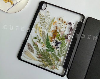 Spring Breeze Blows Willows Real Pressed Flowers Tablet Case with pen slots,iPad Air 3 4 5 iPad mini 6 iPad 10 9 8 Pro 2022 2021 2020 case