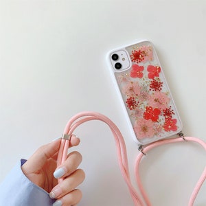 Étui pour téléphone avec collier cordon de vraies fleurs pressées séchées pour iPhone 16e 16 15 14 13 Pro Max, Samsung S25 Edge S22 S23 S24 S25 Ultra
