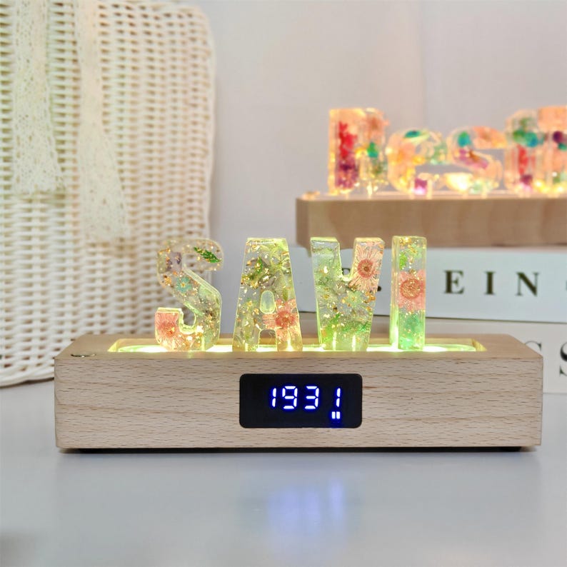 Custom letter number symbol flower nightlight, multifunctional wooden base lamp, anniversary christmas birthday wedding unique gift image 11