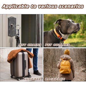 May include: Image showcasing various scenarios: a set of keys in a door, a dog wearing a collar, a suitcase with a jacket, and a yellow backpack. Text at the top reads "Applicable to various scenarios". Below each image are the words "KEY CHAINS", "PET COLLARS", "LUGGAGE", and "BACKPACK".