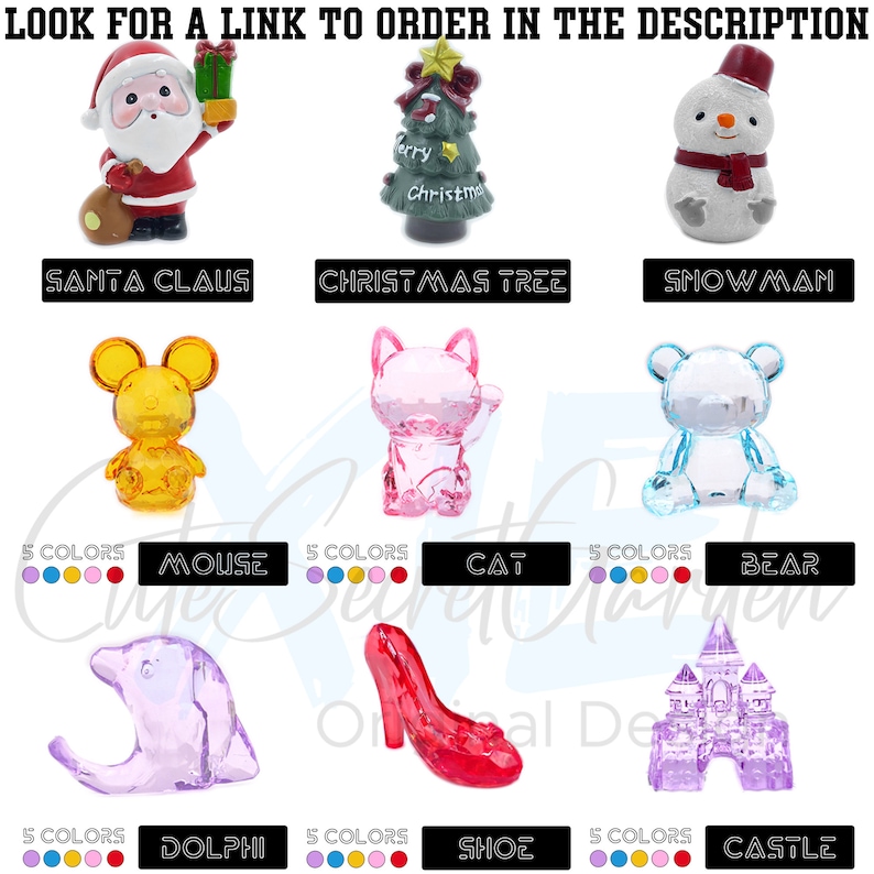 May include: A set of nine colourful crystal figurines, including a Santa Claus, Christmas tree, snowman, mouse, cat, bear, dolphin, shoe, and castle. Each figurine is available in five different colours.