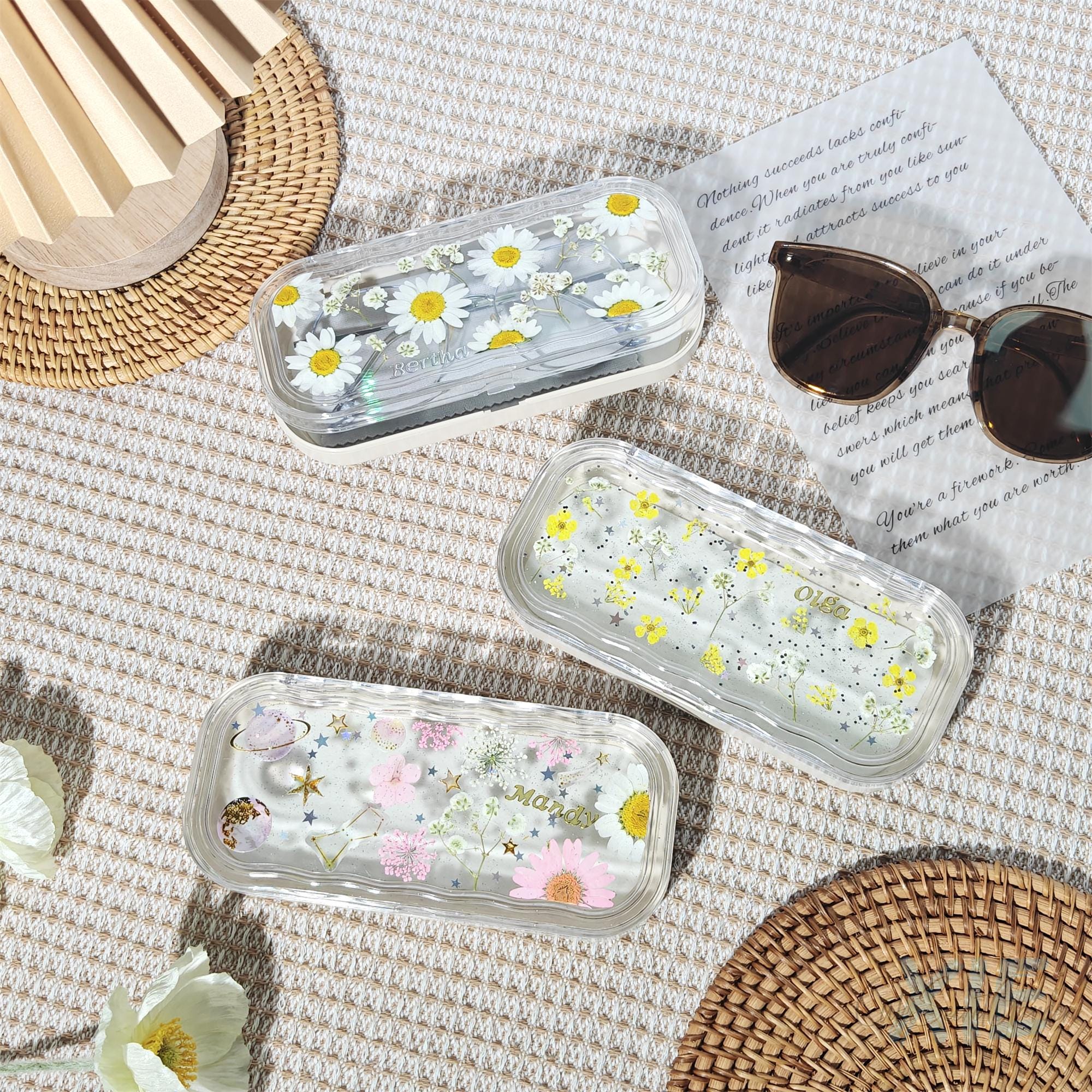 Handmade Real Dried Flower Glasses Case, Custom Name Flower