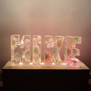 May include: A set of five clear glass letters spelling out the word "MIKE" with pink and white pressed flowers inside. The letters are illuminated from behind, creating a soft glow.