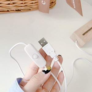 May include: White USB cable with an inline on/off switch. The cable is connected to a small wooden base with a strip of LED lights.