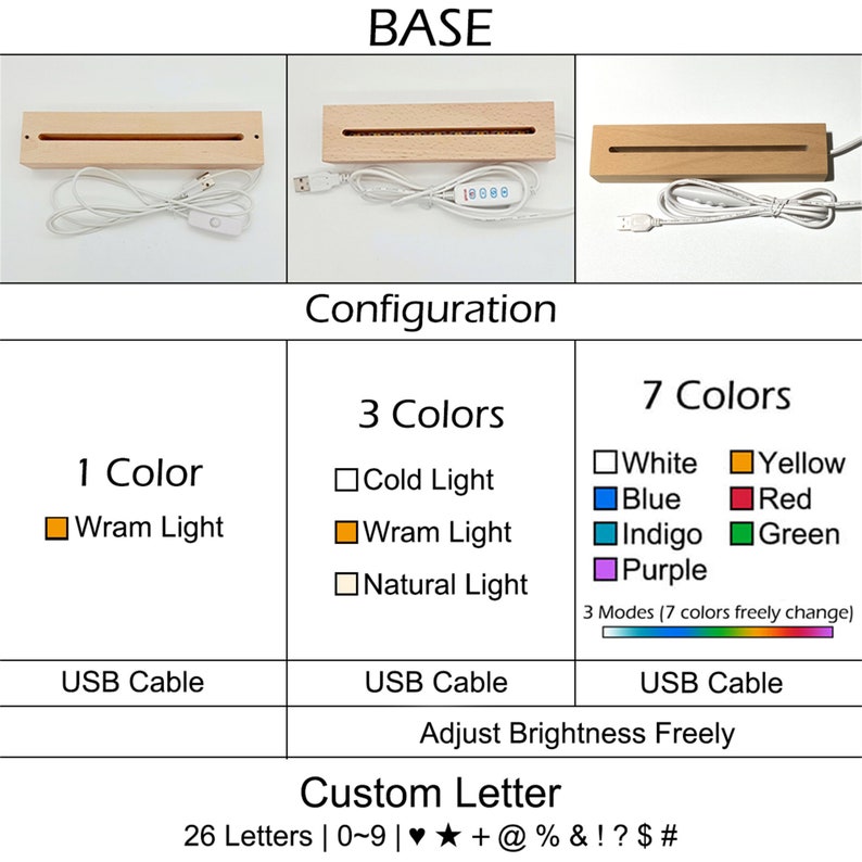 May include: A wooden base for a custom LED sign with a USB cable. The sign can display 26 letters, numbers, and symbols. It has three colour options: cold light, warm light, and natural light. It also has a seven-colour option with white, blue, indigo, purple, yellow, red, and green. The sign can be adjusted to different brightness levels.
