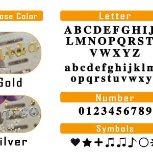 May include: Image showcasing customization options for personalized items. Includes examples of names in gold and silver, along with the full alphabet in uppercase and lowercase, numbers 0-9, and various symbols. The text "Choose Color" is also visible.