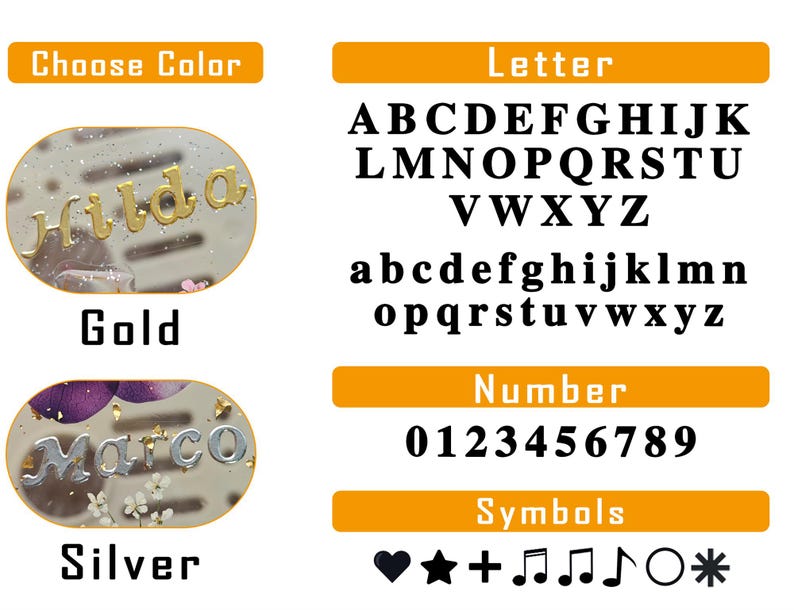 May include: Image showcasing customization options for personalized items. Includes examples of names in gold and silver, along with the full alphabet in uppercase and lowercase, numbers 0-9, and various symbols. The text "Choose Color" is also visible.