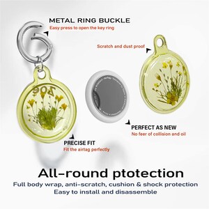 May include: Clear yellow AirTag holder with dried yellow flowers and a silver metal ring buckle. The holder is designed to protect the AirTag from scratches and dust. The text on the image says "All-round protection".