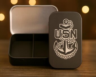 Engraved US Navy Anchor Chiefs Tin: Personalized Mini Stash Box