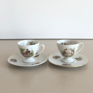 2 Cups and saucers - Chodziez Poland - porcelain - romantic scene - vintage