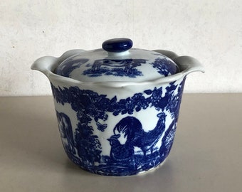 Pot de couvercle - porcelaine - décor des animaux de ferme - bleu et blanc - cru