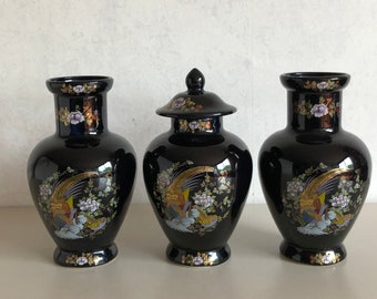 Cabinet set - 3 parts - Vintage - Decor of flowers with a golden pheasant - ceramic