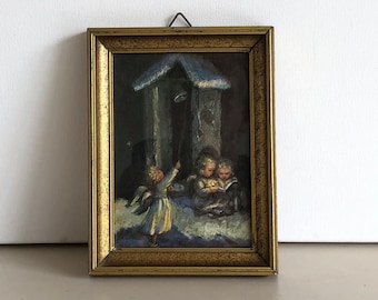 May include: A framed painting depicting three angels in a snowy scene. The angels are wearing white and blue robes and have golden wings. The painting is set against a dark background and has a gold frame.