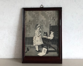Print - girl with bear and doll - print for a children&#39;s room in beautiful vintage frame.