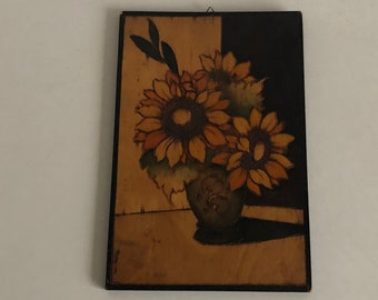 Artwork - still life flowers - inlaid wood - handmade - vintage