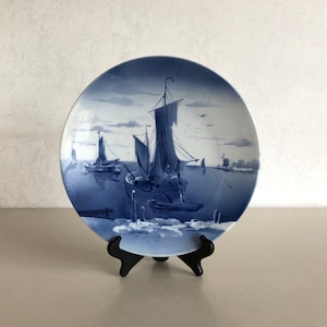 Große Wandplatte / Zeichen - Delft blau Keramik - Bild von Segelbooten auf dem Wasser - Vintage