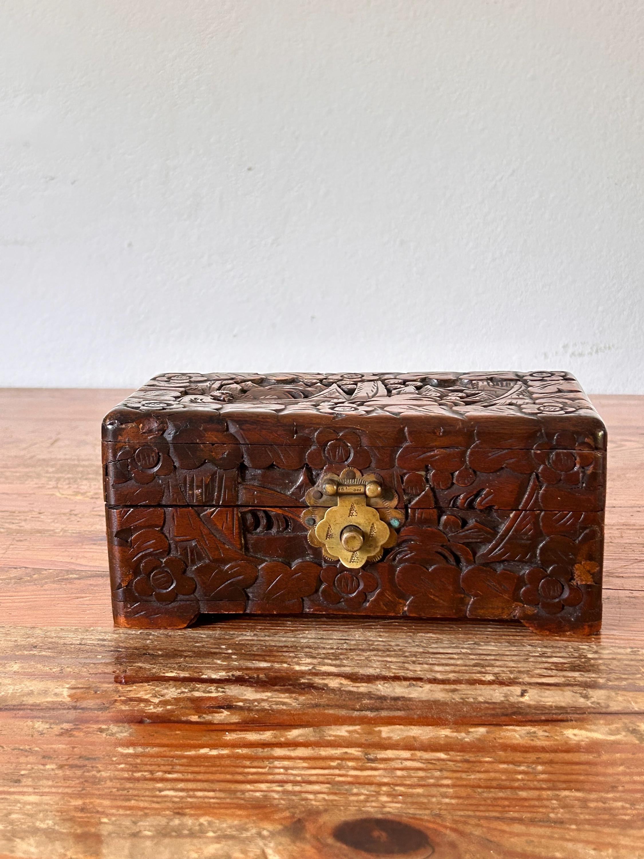 Antique Wooden Box - Handmade - With Brass Clasp - Oriental Decor