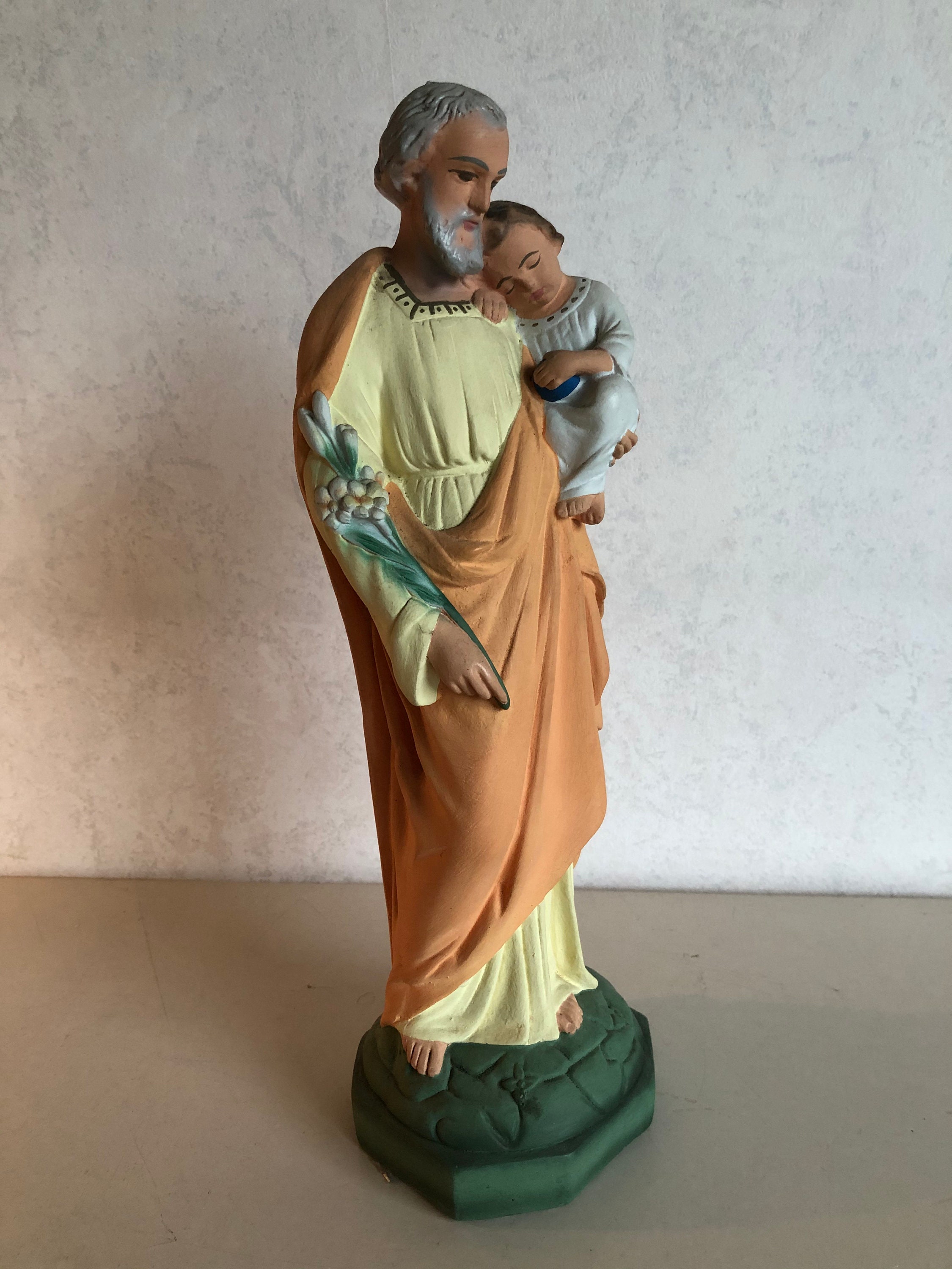 聖ヨセフとイエス – 美しいカラフルなビンテージ像 – 石膏 - Etsy 日本