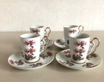 カップ＆ソーサー 4 個 - 金箔の縁に花の美しい装飾 - ヴィンテージ