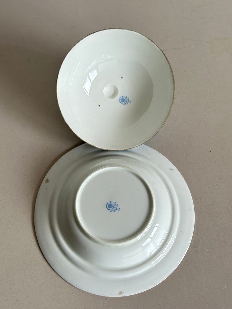 Może przedstawiać: Sp&oacute;d dw&oacute;ch białych ceramicznych misek z niebieskim wzorem kwiatowym. Obie miski są okrągłe i mają niewielki rant wok&oacute;ł krawędzi.