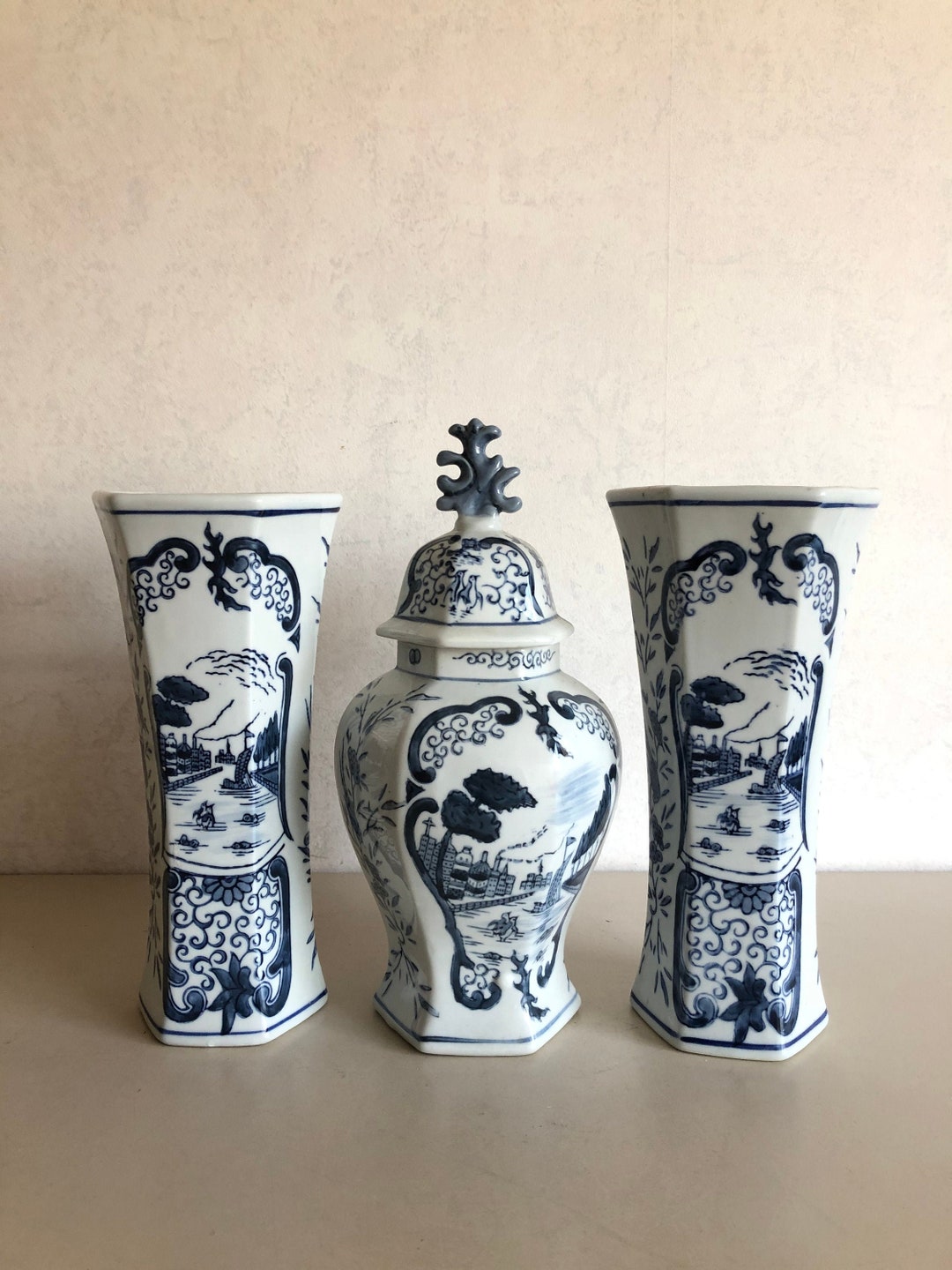 3 Piece Cabinet Set - Delft Blue Pottery - AK Marked - Old Dutch Décor ...