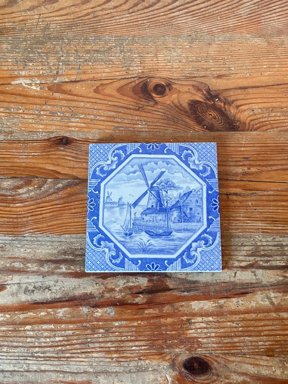 タイル / 装飾タイル - デルフトブルー陶器 - 風車とボートをあしらっ