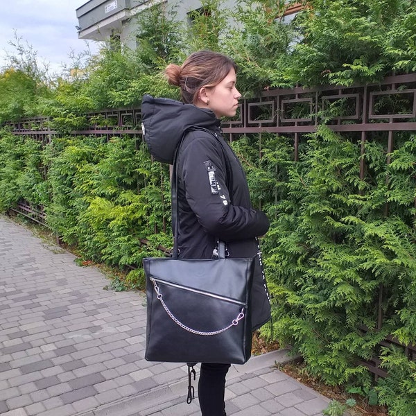 Black convertible tote bag backpack with chain Extra large tote bag for women Vegan leather tote bag.