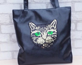 Handmade tote bag with zipper Cat handbag for women Cat lover gift ideas