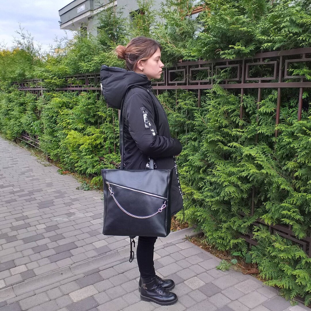 Black Convertible Tote Bag Backpack With Chain Extra Large Etsy