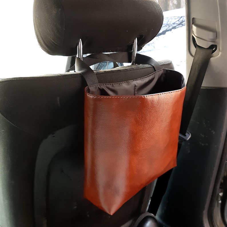 Cognac brown vegan leather car trash can with waterproof fabric insade