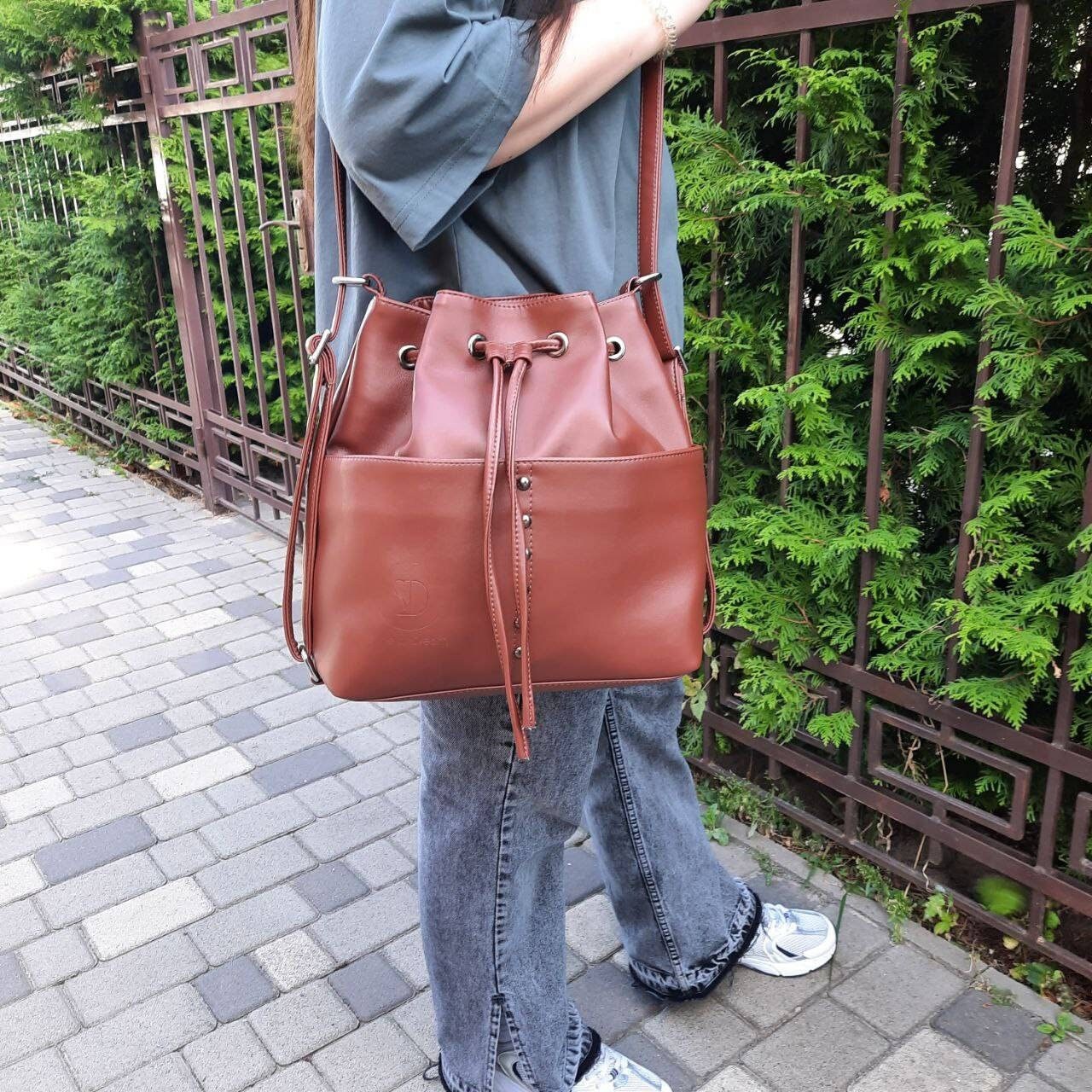 Cognac Vegan Leather Bucket Bag Backpack Casual Crossbody Bag Vegan