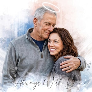 Puede incluir: Retrato digital de un hombre y una mujer abrazándose, con un halo sobre la cabeza del hombre. El hombre lleva un suéter gris y la mujer una blusa gris. El texto "Always With You" está escrito en cursiva en la parte inferior.