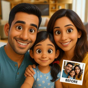 Può includere: Ritratto di famiglia migliorato digitalmente con un padre, una madre e una figlia sorridenti. La figlia indossa un top blu floreale e la madre un top giallo. Una piccola foto con la scritta "BEFORE" si trova in basso a destra.