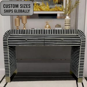 Bone Inlay Waterfall Floral 2 Drawers Console in Black Color