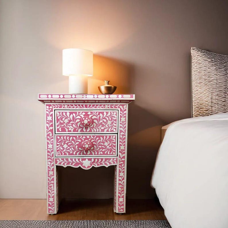 Bone Inlay Pink Floral Pattern Storage Unit Black Bedside Table Best ...