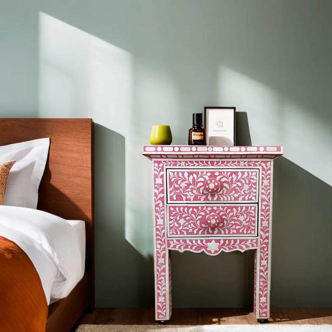 Bone Inlay Pink Floral Pattern Storage Unit Black Bedside Table Best ...