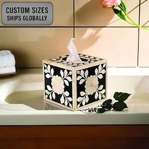 Bone Inlay Black Floral Pattern Tissue Box