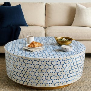 Bone Inlay Handmade Blue Taruga Pattern Round Coffee Table