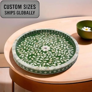 Mother Of Pearl Floral Pattern Green Round Tray. The Perfect Romantic Gift for Valentine’s Day