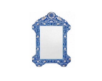 Handcrafted Mother of Pearl Blue Floral Pattern Mirror Frame