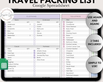 May include: A digital tablet screen displaying a Google Spreadsheet with a travel packing list. The spreadsheet is divided into three tabs: Clothing, Toiletries, and Use Again and Again. The Clothing tab includes sections for Basics, Casual, and Footwear. The Toiletries tab includes a list of items to pack for a trip. The Use Again and Again tab includes a list of items that can be reused for multiple trips. The spreadsheet is customizable and includes a checkmark for instant download.
