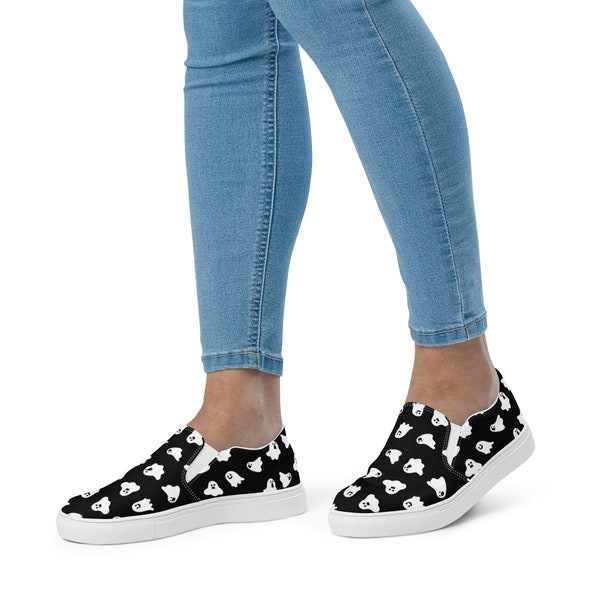 Women's Halloween Vans Style Shoes | Ghost Print Vans | Halloween Canvas Shoes | Halloween Costume | Women’s slip-on canvas shoes