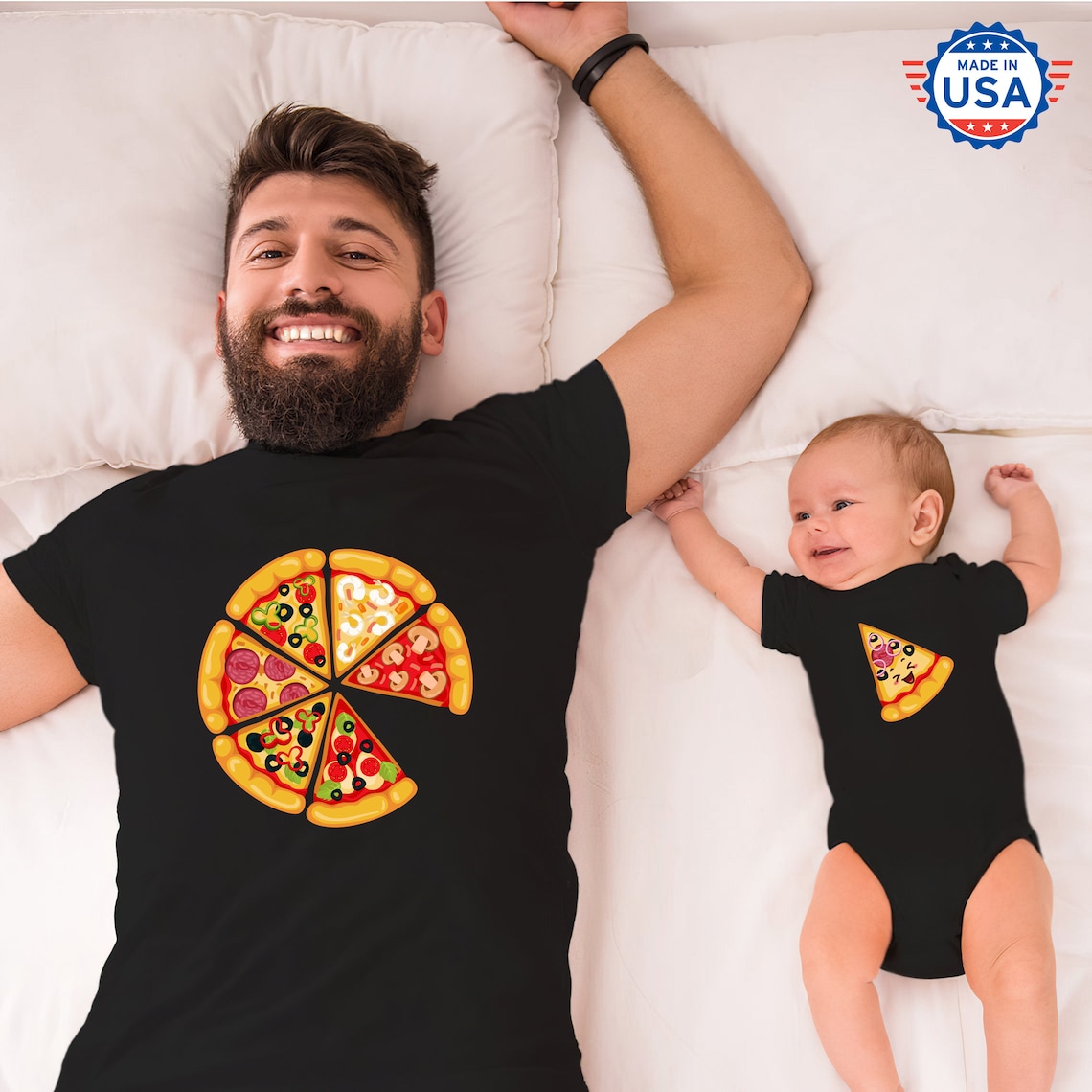 "The child is the missing pizza slice of the dad" is the theme of this t-shirt onesie set. It's super cute and comfortable for both dad and kid.