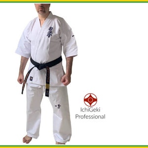 May include: A white karate uniform with a black belt and a blue logo on the chest. The logo says "IchiGeki Professional".