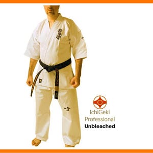 May include: A white unbleached karate uniform with a black belt. The uniform has a black logo on the chest that says "IchiGeki Professional Unbleached".