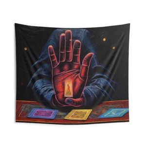 3D Prayer Hand Over a Deck of Tarot Cards Tapestry