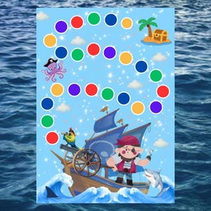 May include: A colorful pirate-themed board game illustration. The game board features a path of colored circles, an octopus, a pirate ship, a treasure chest on an island, and a shark. The background is a blue ocean.