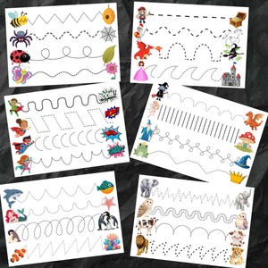 May include: A collection of white activity sheets featuring dotted lines for tracing practice. Each sheet has a different theme, including insects, superheroes, fantasy, and sea creatures. Colorful illustrations of bees, butterflies, and other objects are included.